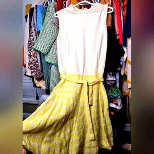 Vintage 1970s Belted Tennis Dress Yellow Checkered sz M
